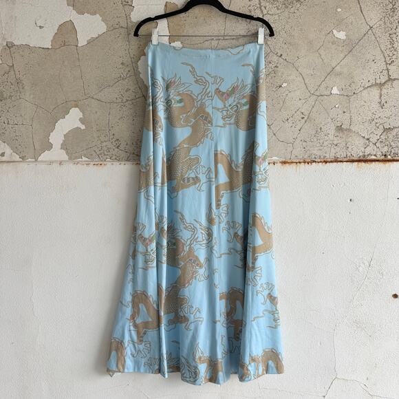 Vtg 70s Maxi Skirt Dragon Print Blue Gold California Girl Coastal Bohemian Retro - Picture 4 of 7